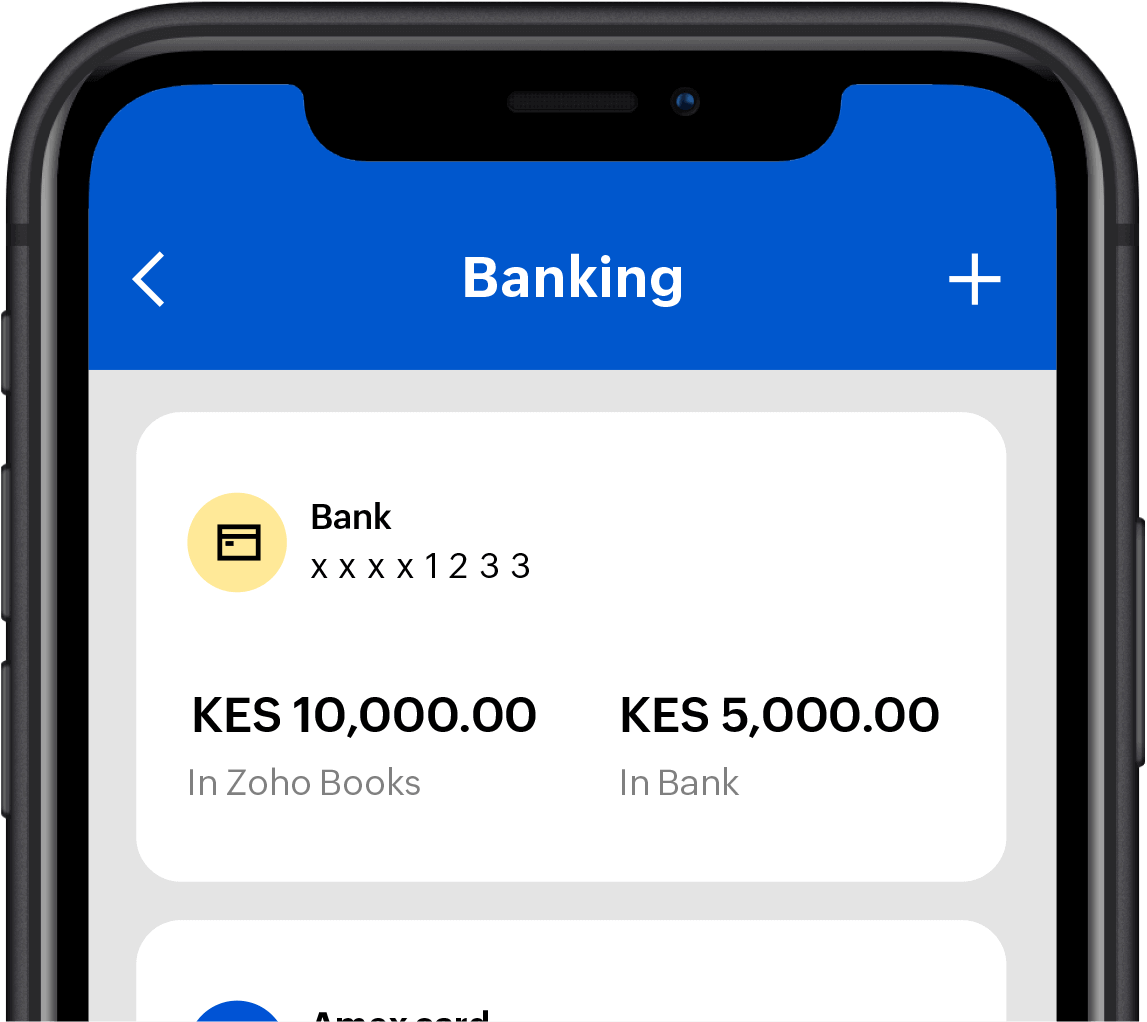 Zoho Books mobile app interface shows the banking module