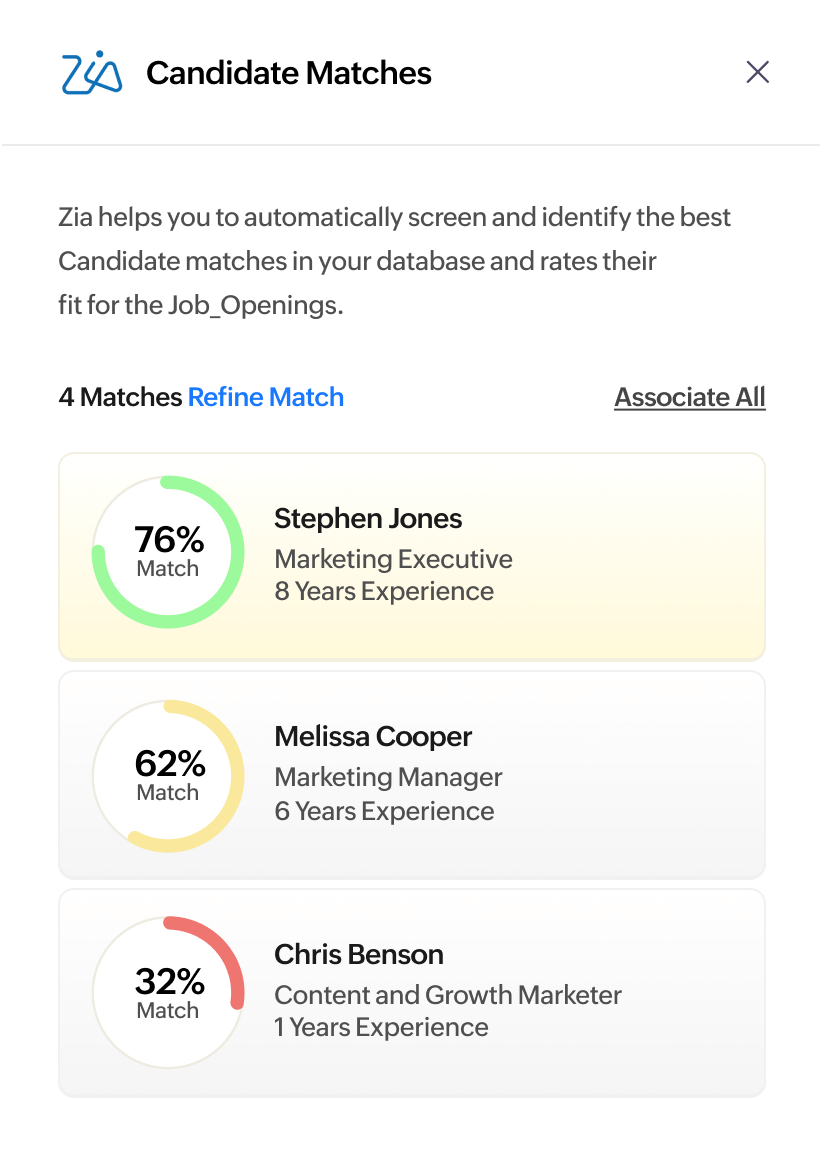 Zia's candidate matching in Zoho Recruit